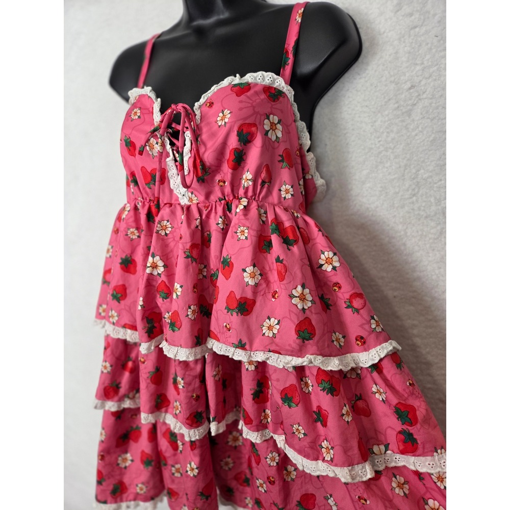 Dolls Kill x Strawberry Shortcake Pink Tiered Ruffle Mini Dress Eyelet Lace M - Picture 10 of 14